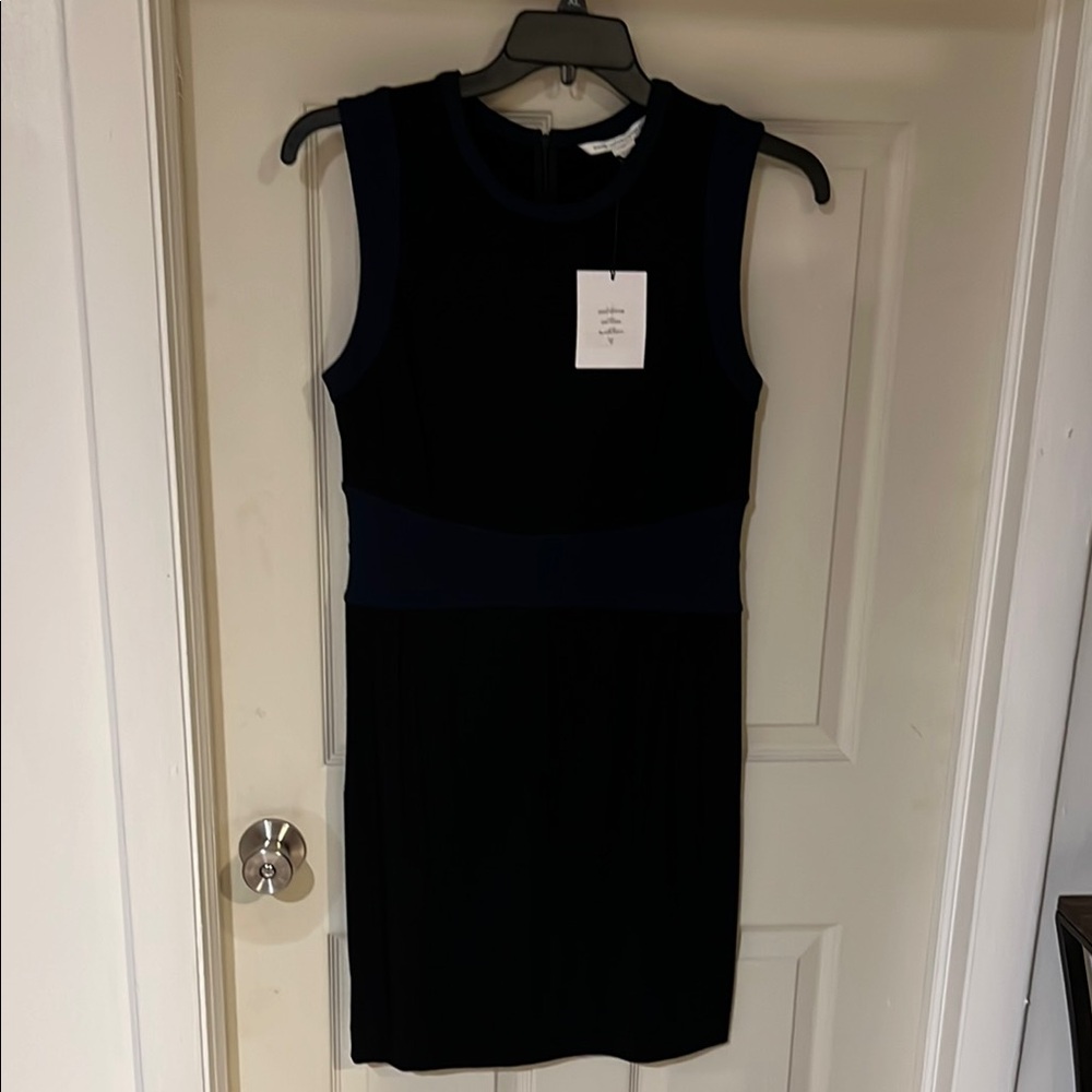Black/Navy-Diane Von Furstenberg Black Mini Sheath Dress with Mock Neck